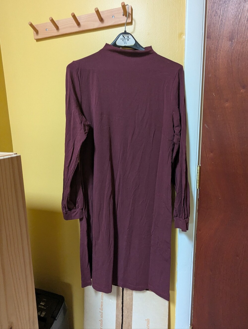 Cotton Blend Long Sleeve Mock Neck Dress - Burgundy
